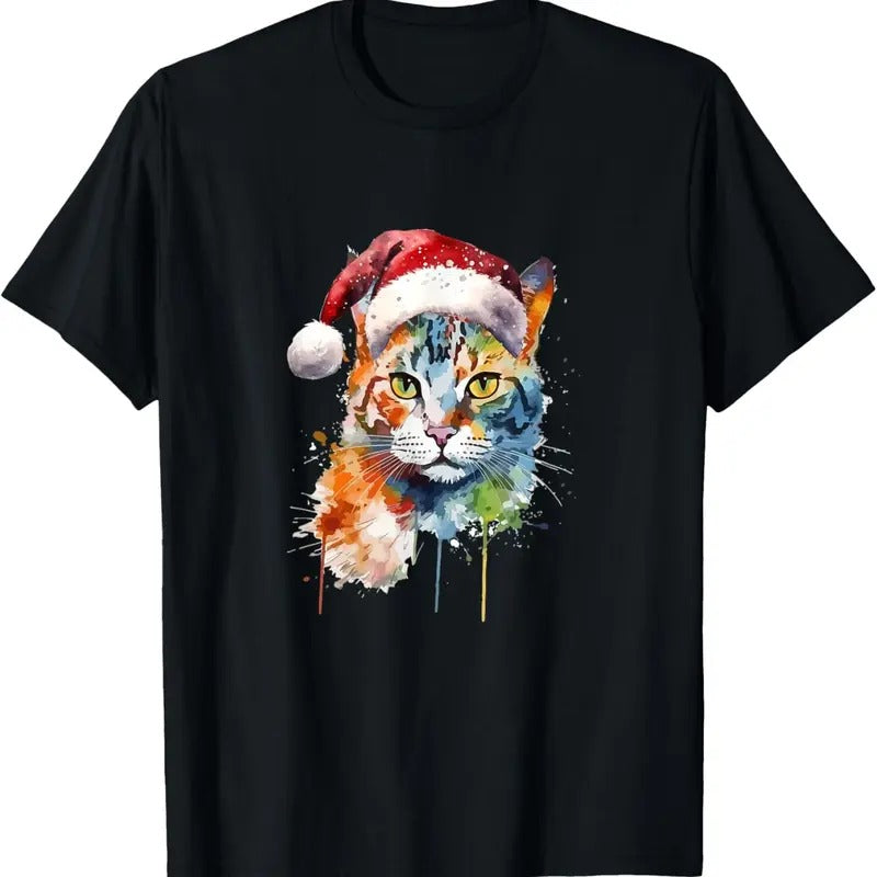 Colorful Cat Wears Santa Hat Kitten Ugly Christmas Pajama T-Shirt Hoodie, Sweatshirt | RetroVerseTees.com