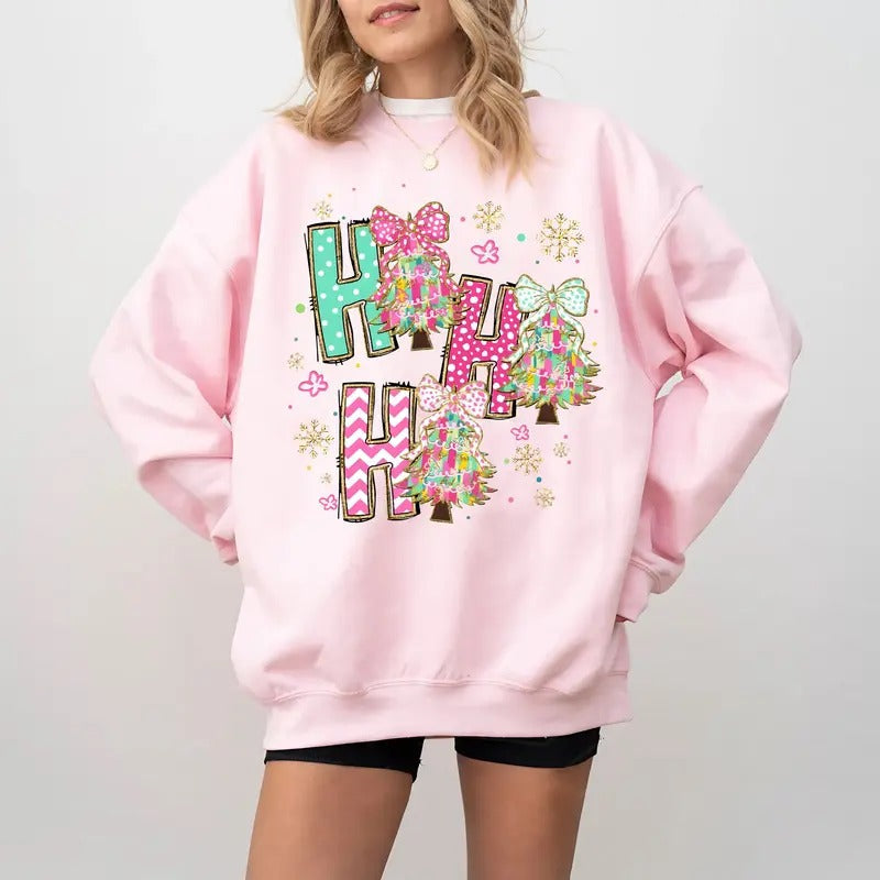 Colorful Coquette Glitter Christmas Tree Sweatshirt, Ho Ho Ho Christmas Tree Girly Sweatshirt, Bright Color Christmas...