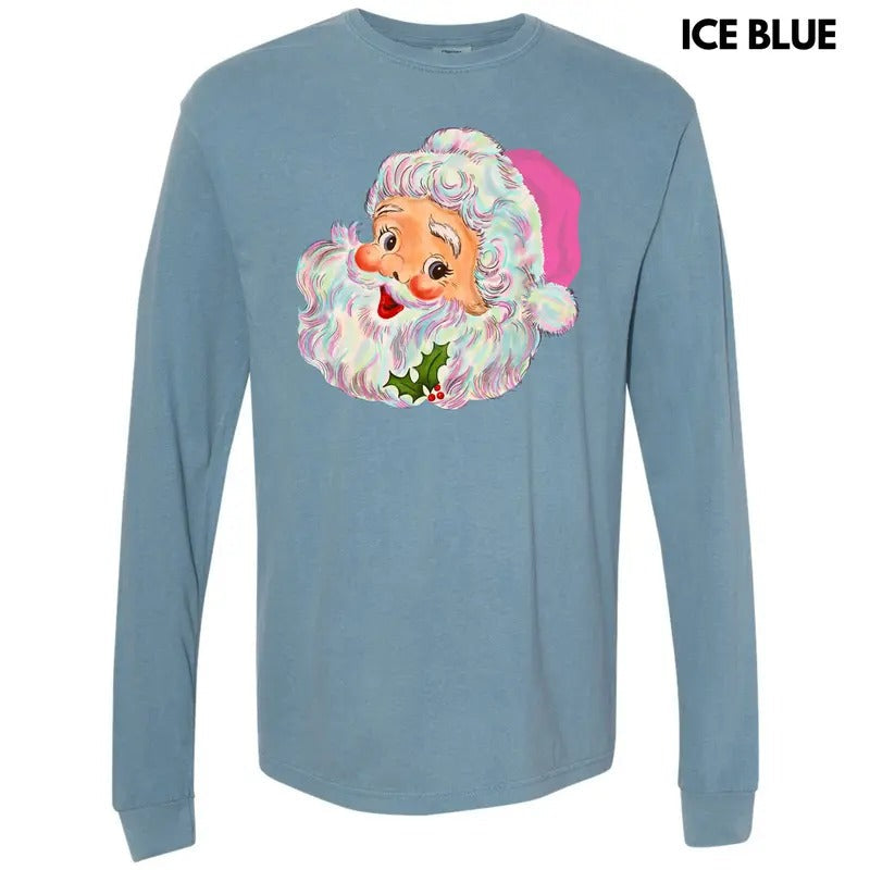 Colorful Happy Santa Face Long Sleeve Comfort Colors T-Shirt 'NLB' Hoodie, Sweatshirt | RetroVerseTees.com