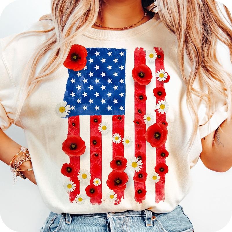 Comfort Colors American Flag T-Shirt, 4th of July T-Shirt,  4th Of July T-Shirt, floral America USA Shirt, Patriotic...