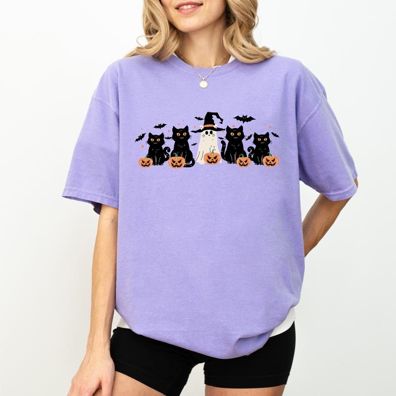 Comfort Colors Black Cats Retro Shirt, Halloween Cat Ghost Vintage Graphic Printed Tee, Spooky Season Unhinged Shirt, Cat...