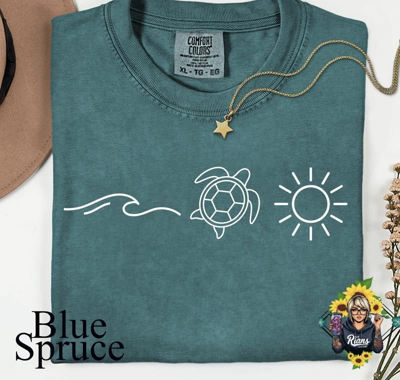 Comfort Colors Blue Spruce Ocean Themed Unisex Tshirt in Summer Style Featuring Turtle Sun & Wave Design Soft Preshrunk...