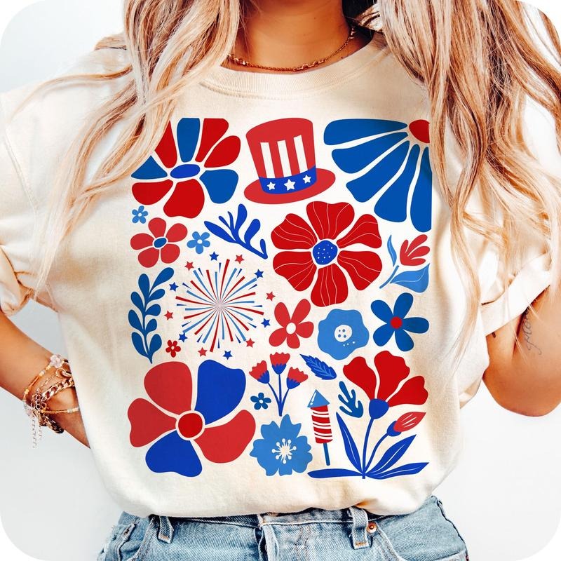Comfort Colors Boho Floral 4th Of July T-Shirt, Vintage America TShirt, Memorial Day T-Shirt, Girly USA Shirt,...