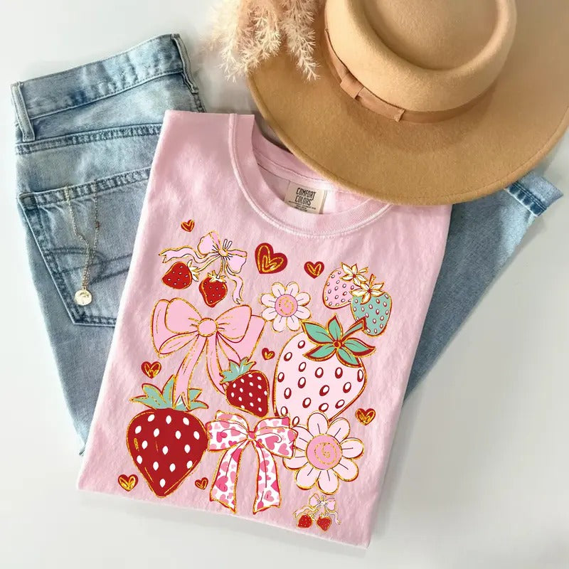 Comfort Colors Boho Strawberry Coquette T-Shirt, Preppy Summer Fruit Tee, Floral Strawberry T-Shirt, Cute Festival...