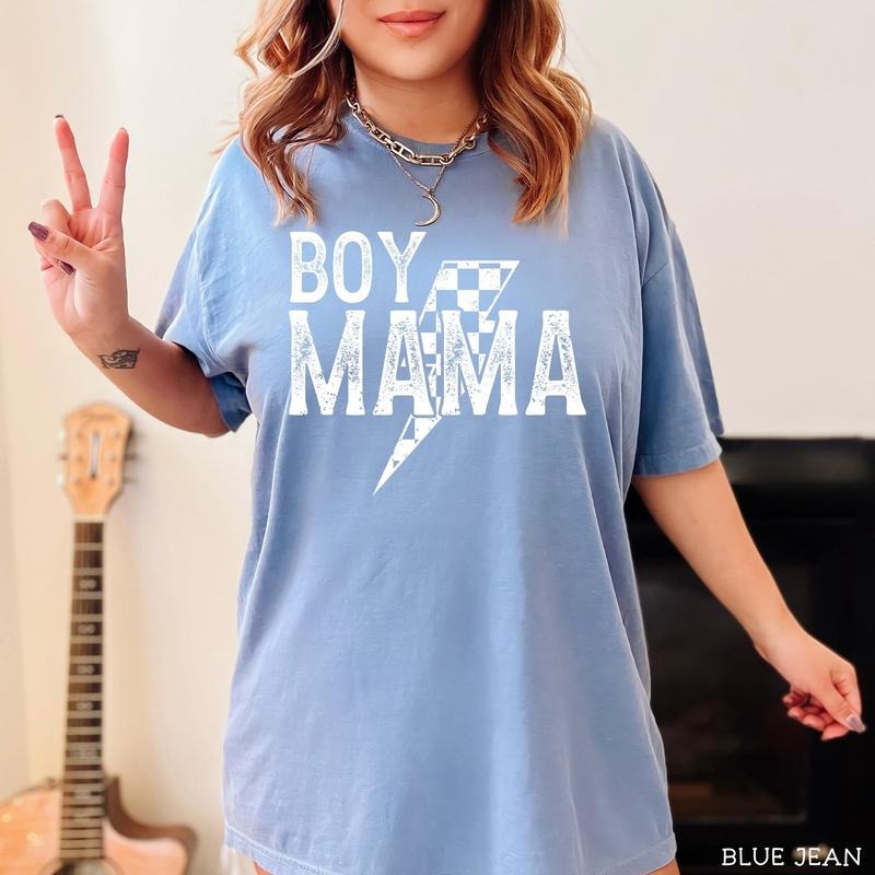 Comfort Colors Boy Mama Checkered Shirt, Retro Checkered Boy Mama Tshirt, Vintage Boy Mama Tee, Lightning Bolt Mama...
