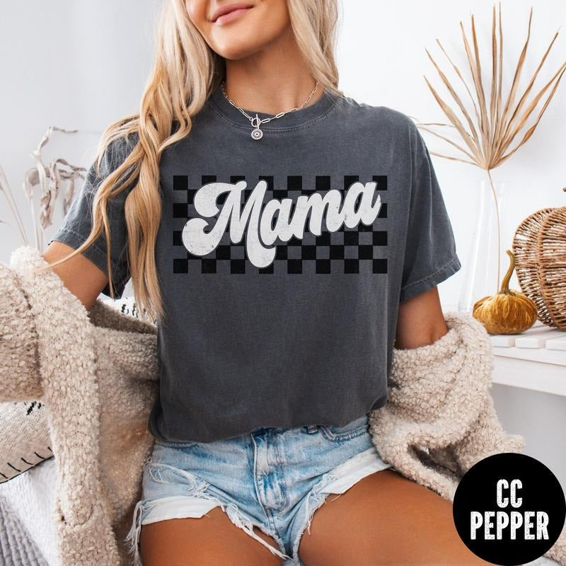 Comfort Colors Checkered Mama T-Shirt, Retro Mama Shirt, Distressed Mama Shirt, New Mom Gift, Mother's Day Gift,...