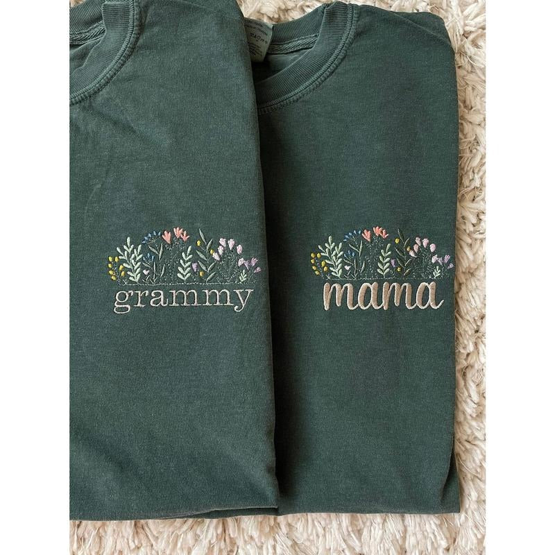 Floral Mama Embroidered Adult T-Shirt // Mama Shirt // Grandma Shirt // Comfort Colors Embroidered Shirt Hoodie, Sweatshirt
