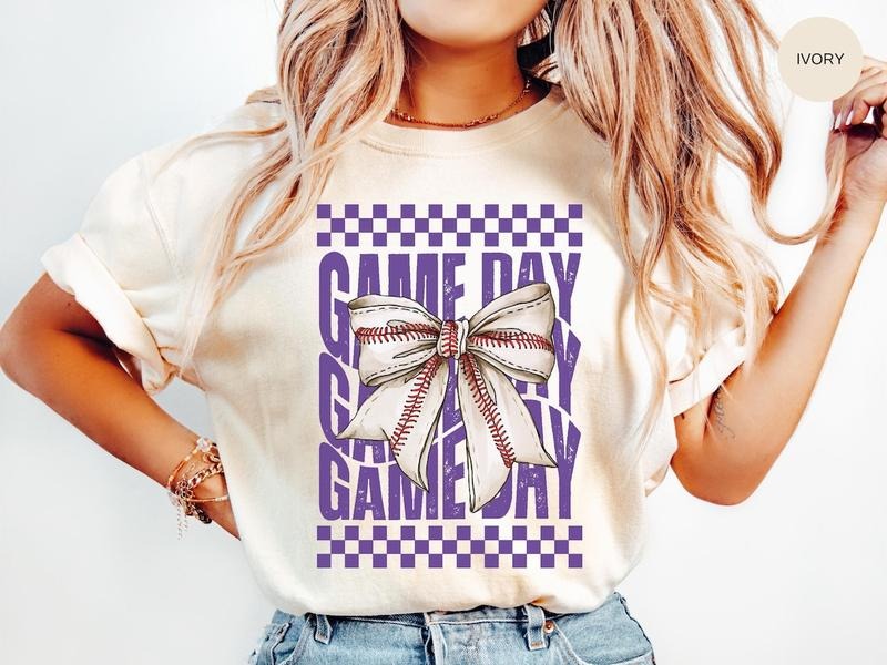 Comfort Colors Game Day BASEBALL Shirt, Purple Coquette Bow, Team Mascot Tshirt, Comfort Colors Gameday Tee, Mama Mom...