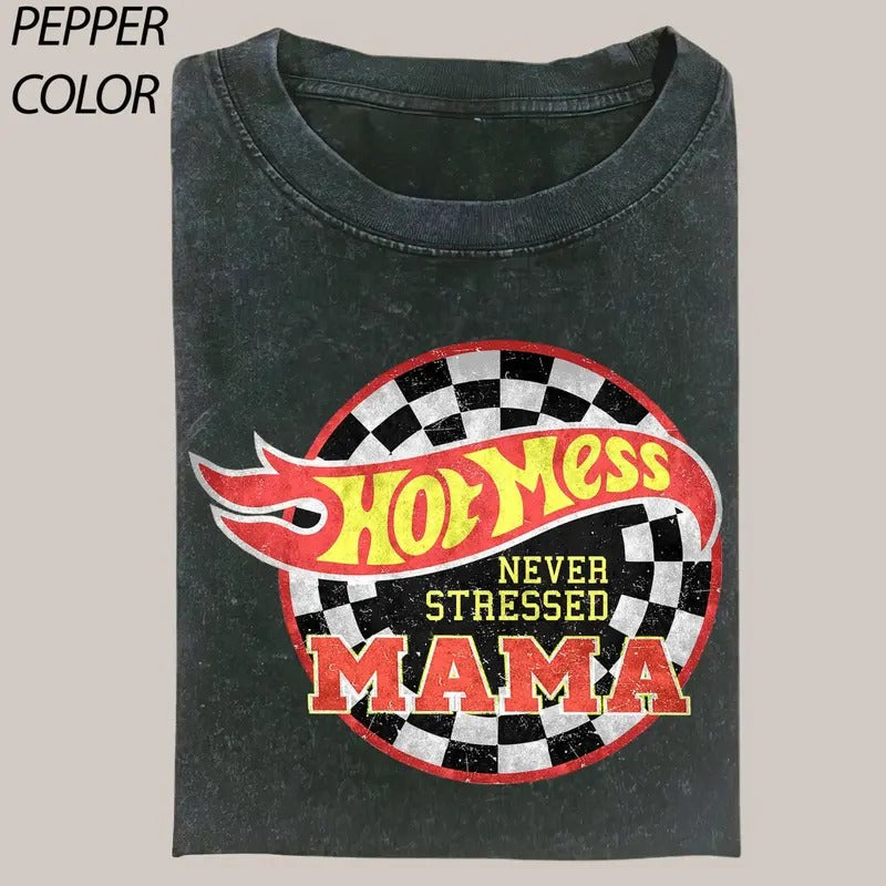 Comfort Colors Hot Mess Mama Never Stressed Vintage Graphic Shirt, Bleached Mom T-Shirt, Boy Mama Race Car Mom Shirt,...