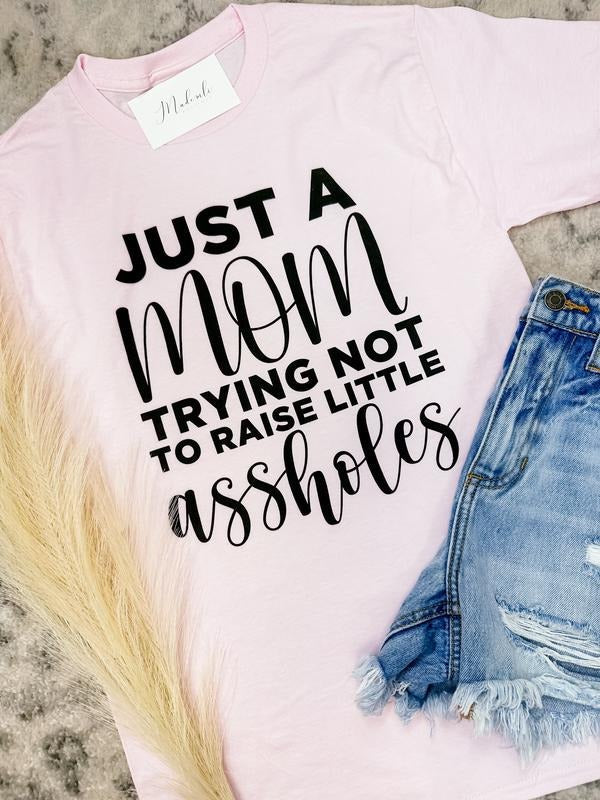Comfort Colors Just a Mom Graphic Tee Hoodie, Sweatshirt | RetroVerseTees.com