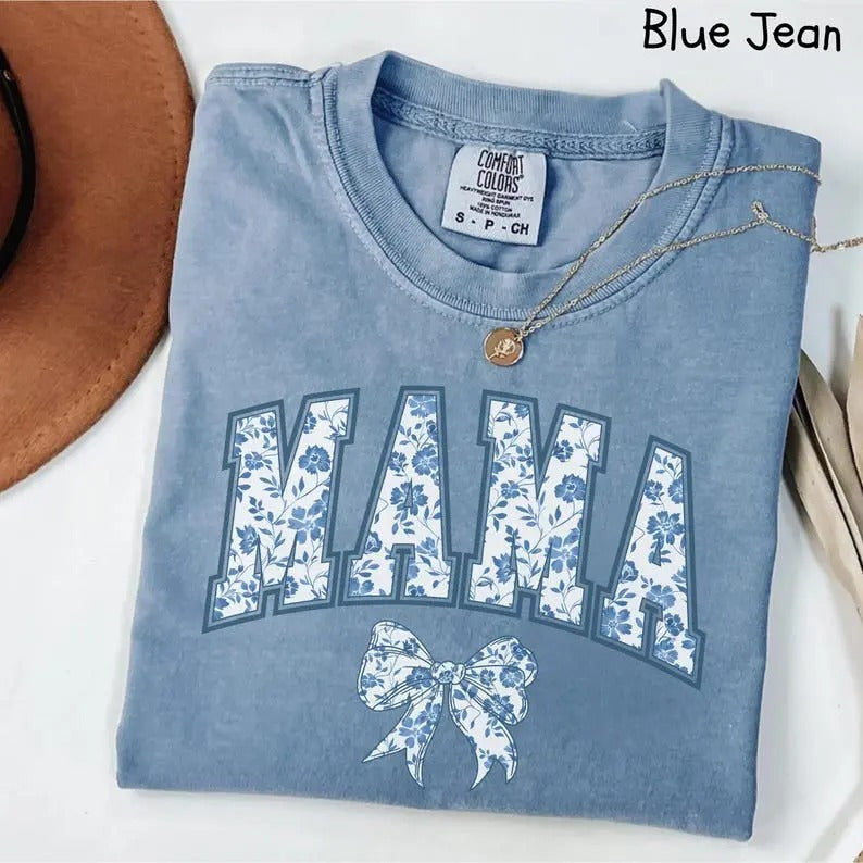 Comfort Colors Mama T-Shirt, Blue Ribbon Shirt, Mothers Day Gift, Girly Aesthetic Gift For Mom, Cute Mom Shirt, Bow...