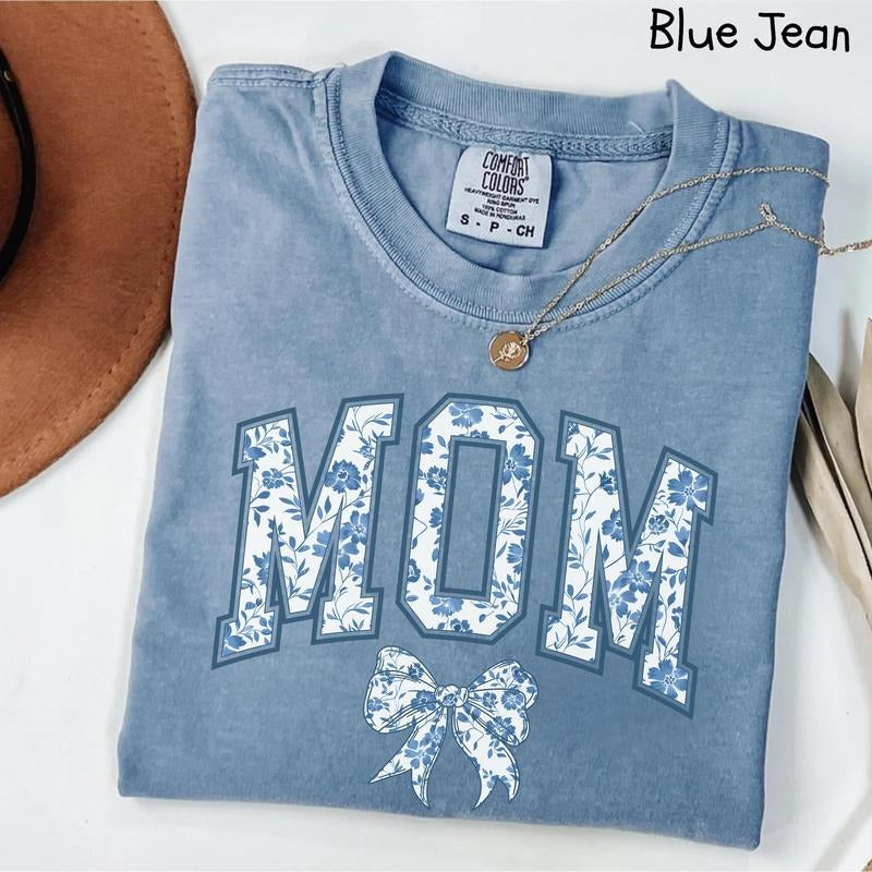 Comfort Colors Mom T-Shirt, Blue Ribbon T-Shirt, Mothers Day Gift, Girly Aesthetic Gift For Mom, Cute Mom T-Shirt, Bow...