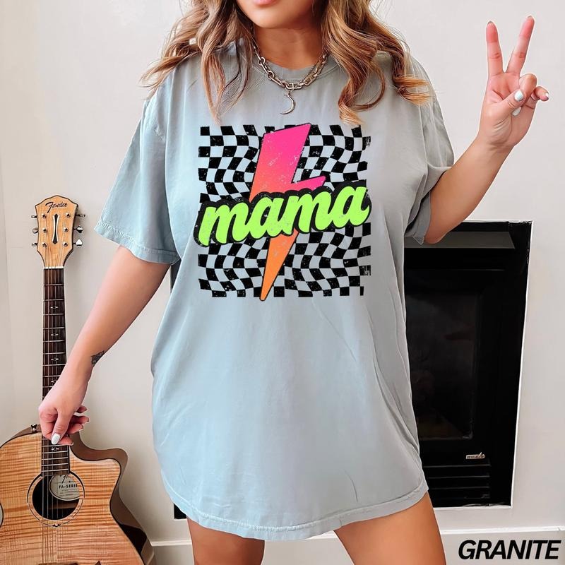 Comfort Colors Neon Mama Shirt, Checkered Mama Shirt, Lightning Bolt Shirt, Mothers Day Gift, Retro Checkered Mom Tshirt,...
