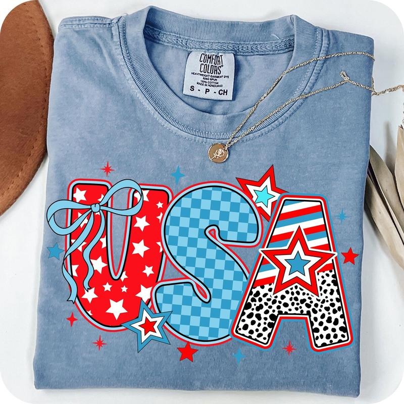 Comfort Colors Preppy USA Coquette T-Shirt, Retro USA Shirt, 4th of July T-Shirt, America Brushstroke Shirt, Girly USA...