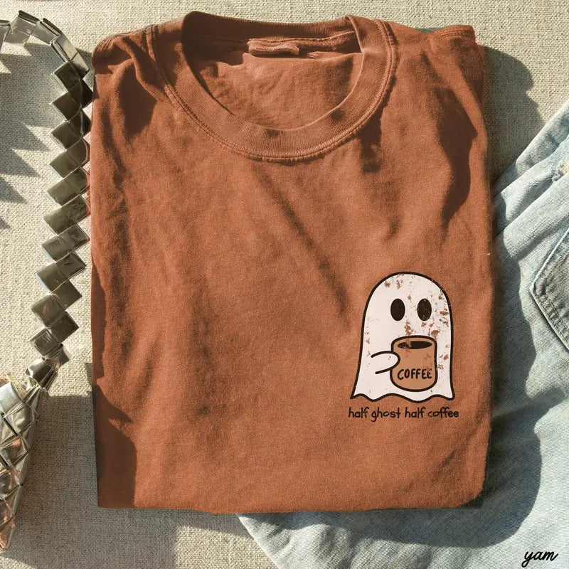 Comfort Colors Retro Cute Spooky Coffee Shirt, Half Ghost Half Coffee Pocket Tee, Spooky Season, Fall Coffee Lover Gift...