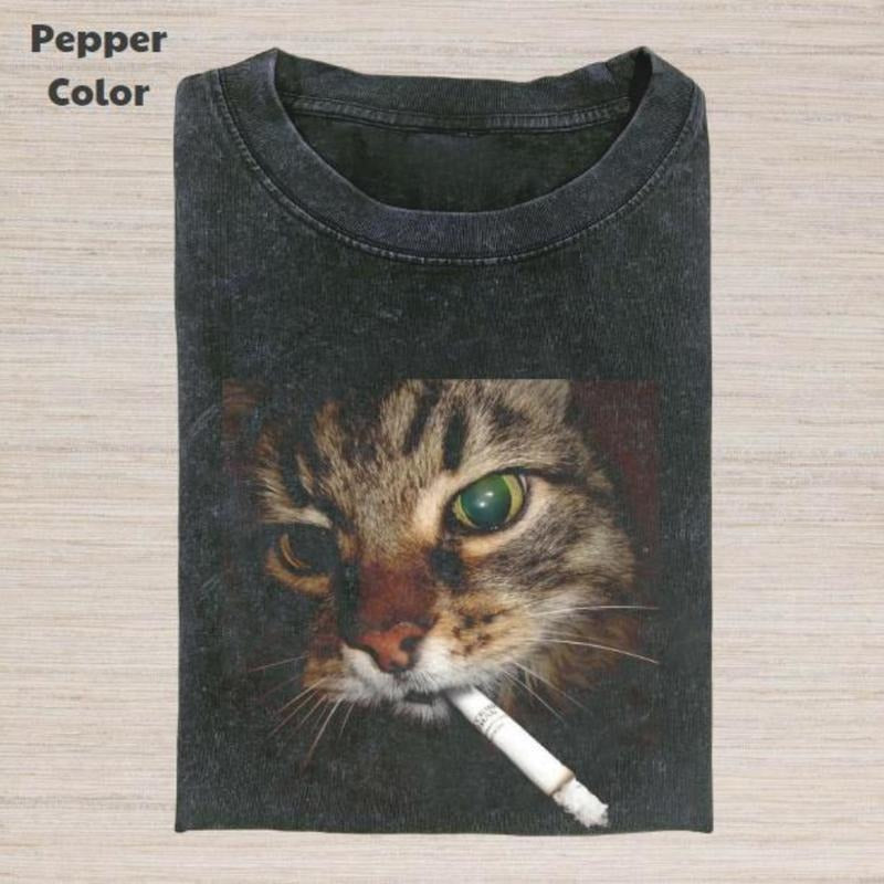 Comfort Colors Retro Funny Vintage Graphic Tee, Cat Smoking T-Shirt, Animal Shirt, Unisex Meme Cringe Funny Dumb Shirt,...