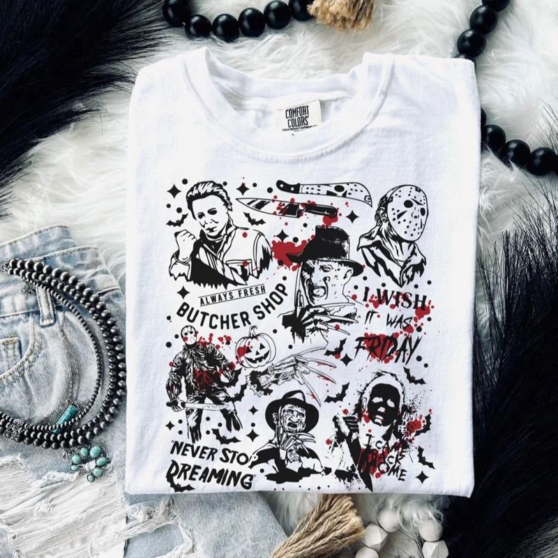 Comfort Colors Retro Halloween Characters Women's Short Sleeve Tee with Classic Horror Icons Design Hoodie, Sweatshirt