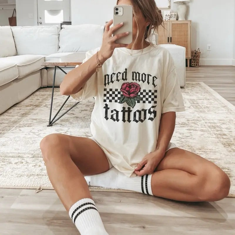 Comfort Colors Women's Need More Tattoos Short Sleeve Casual Cotton Graphic Tshirt, White, Comfortable Fit, Womenswear