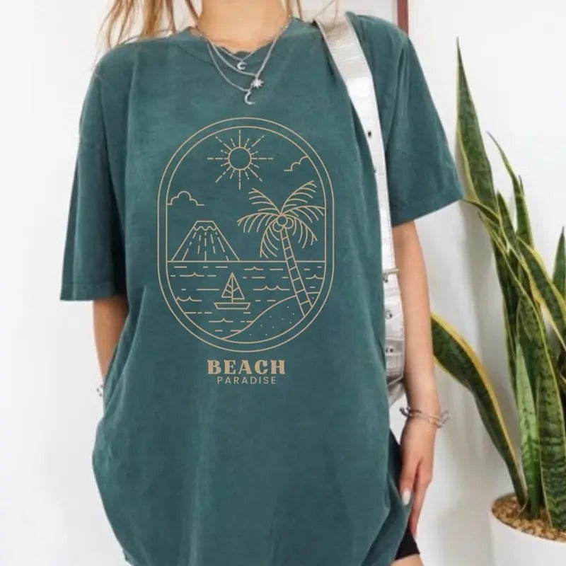 Comfort Colors Women's The Beach Paradise Minimalist Short Sleeve Casual Cotton Graphic T-Shirt with Sun and Palm Tree Design