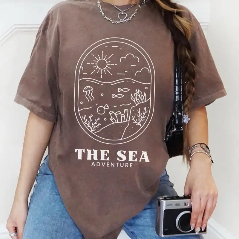 Comfort Colos Women's The Sea Minimalist Short Sleeve Casual Cotton Top with Sun Design and Adventure Theme - Womenswear...