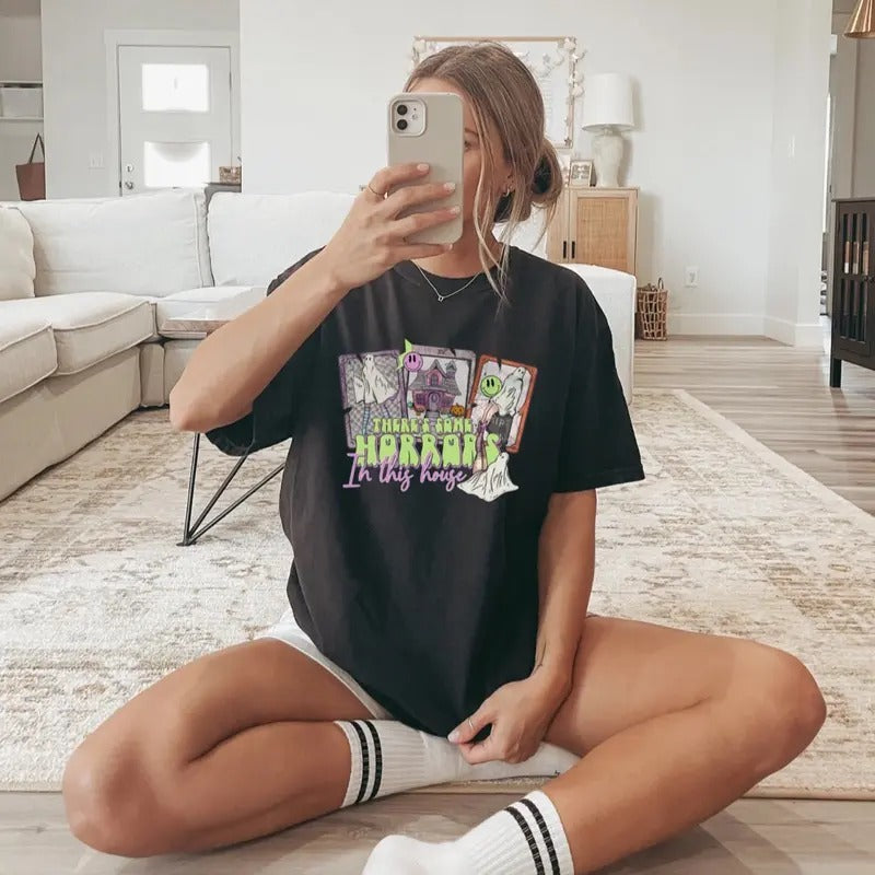 Comfort colors horrors in this house short sleeve casual cotton graphic tee Hoodie, Sweatshirt | RetroVerseTees.com