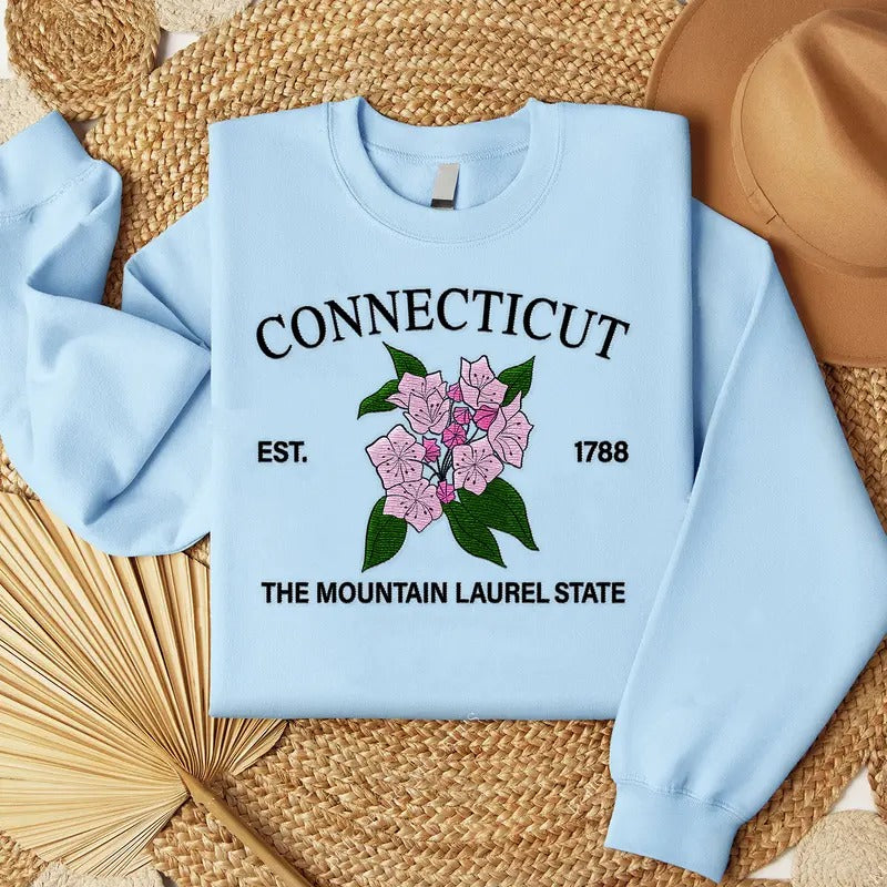 Connecticut Mountain Laurel Embroidered State Flower Sweatshirt, Hometown Embroidered Shirt, Favorite Flower Embroidered...