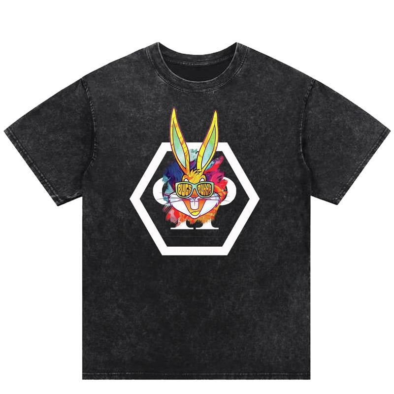 Cool Bunny Print Washed T-Shirt: Rock the American Street Fashion Hoodie, Sweatshirt | RetroVerseTees.com