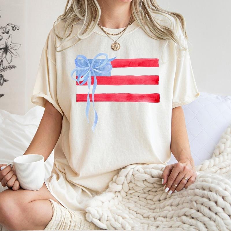 Coquette 4th Of July Tshirt, American Flag Shirt, Women's Shirt, Retro 4th Of July Shirt, Trendy Summer Shirts, Coquette Bow Tee, Unisex T-Shirt, Gifts For Friend, Short Sleeve Tee Shirt, Gifts For Birthday Fathers Day Christmas Anniversary