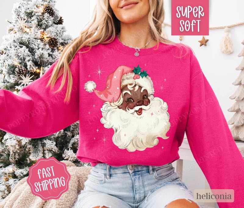 Coquette Black Santa Christmas Sweatshirt, Merry Christmas Sweater, Women's Holiday Crewneck funny santa T-Shirts, Hoodie