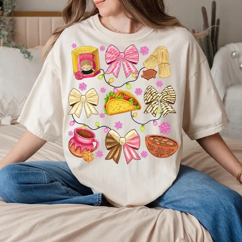 Coquette Bow Christmas Mexican Tshirt Sweatshirt, Spanish Christmas, Feliz Navidad, Christmas Mexican Conchas, Unisex...