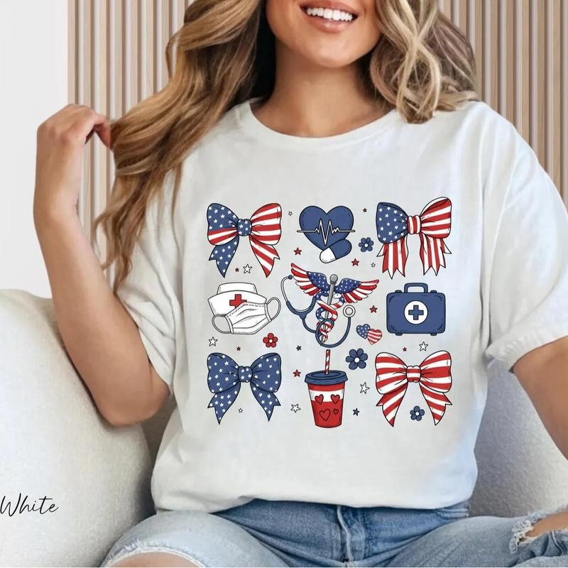 Coquette Bow Nurse Shirt, 4th of July Nurse T-Shirt, Nurse America Shirt, Patriotic Nurse Shirt, Memorial Day Tee, Cute...
