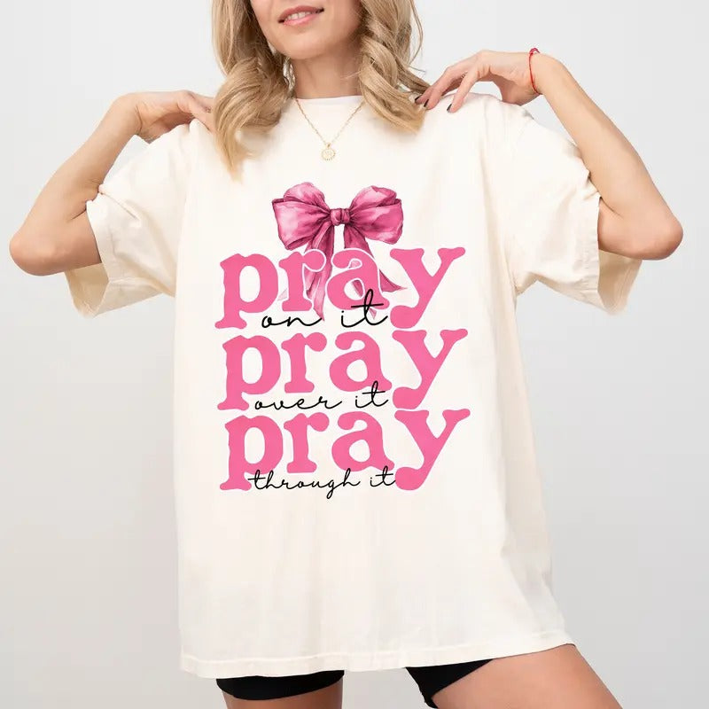 Coquette Bow Pink Comfort Colors Shirt, Pray On it Bible Verse Unisex Graphic Tee, Religious T-Shirt, Christian Gift...