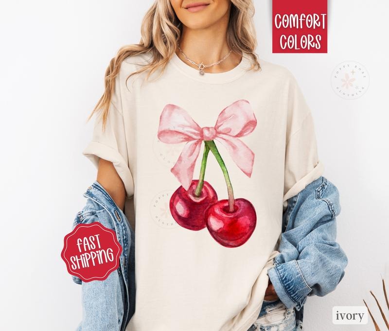 Coquette Cherry Comfort Colors Shirt, Bow Cherry Tshirt, Women's Graphic Tee Hoodie, Sweatshirt | RetroVerseTees.com