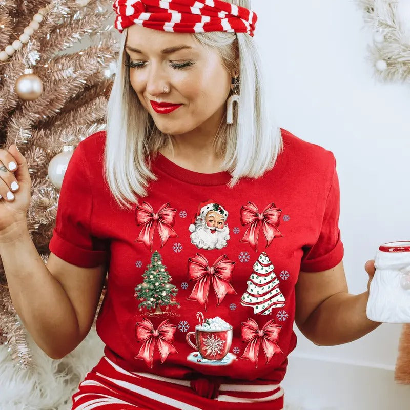 Coquette Christmas Vintage Santa Christmas Shirt - Coquette Bows and Santa Holiday Graphic Tee - Casual Winter Soft Short Sleeve OR Long Sleeve Unisex Shirt