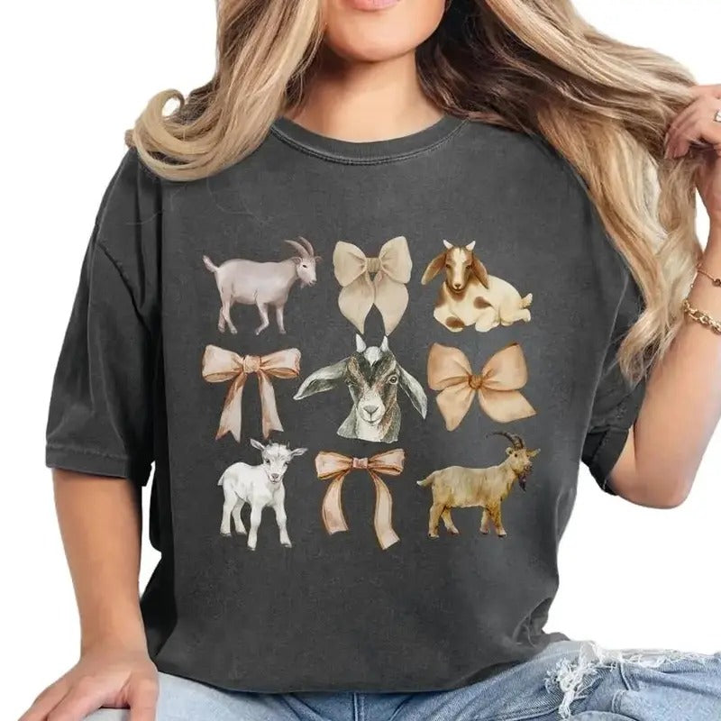 Coquette Goats and Bows T-Shirt, Goat Lovers Tee, Farm Homestead Graphic Shirt, Goats and Bows,Goat Shirt, Cute Comfy...