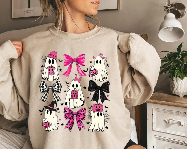 Coquette Halloween Sweatshirt, Halloween Pumpkin Sweatshirt, Cute Ghost Sweatshirt, Pumpkin Coquette Bow Shirt, Spooky...