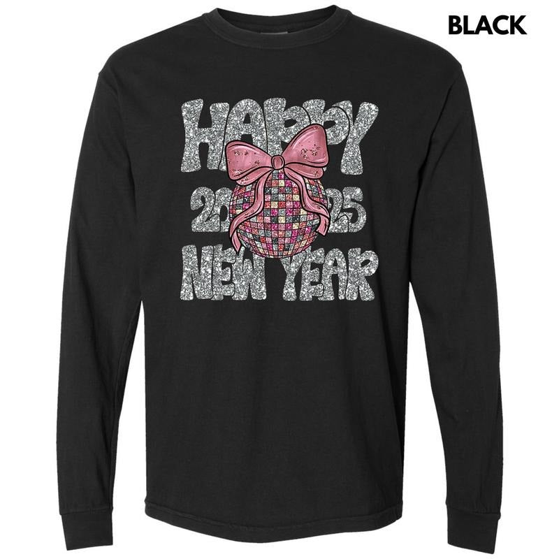 Coquette Happy New Year Long Sleeve Comfort Colors T-Shirt Hoodie, Sweatshirt | RetroVerseTees.com