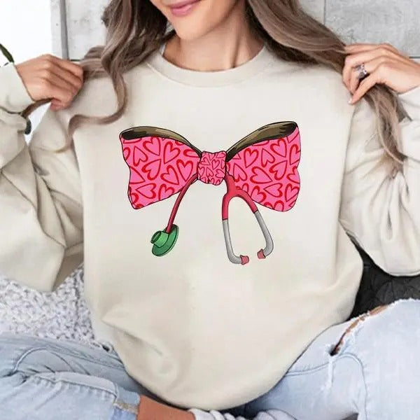 Coquette Nurse Stethoscope Bow Shirt, Valentine Gift For Nurse, Nurse Bow Shirt, Nurse Gift, Nurse Ribbon Shirt, Gift For...