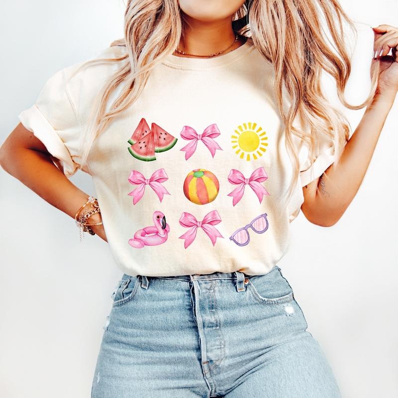 Coquette Summer T-Shirt, Summer T-Shirt, Pink Bow T-Shirt, Beach T-Shirt, Soft Girl Era T-Shirt, Summer Vibes T-Shirt...