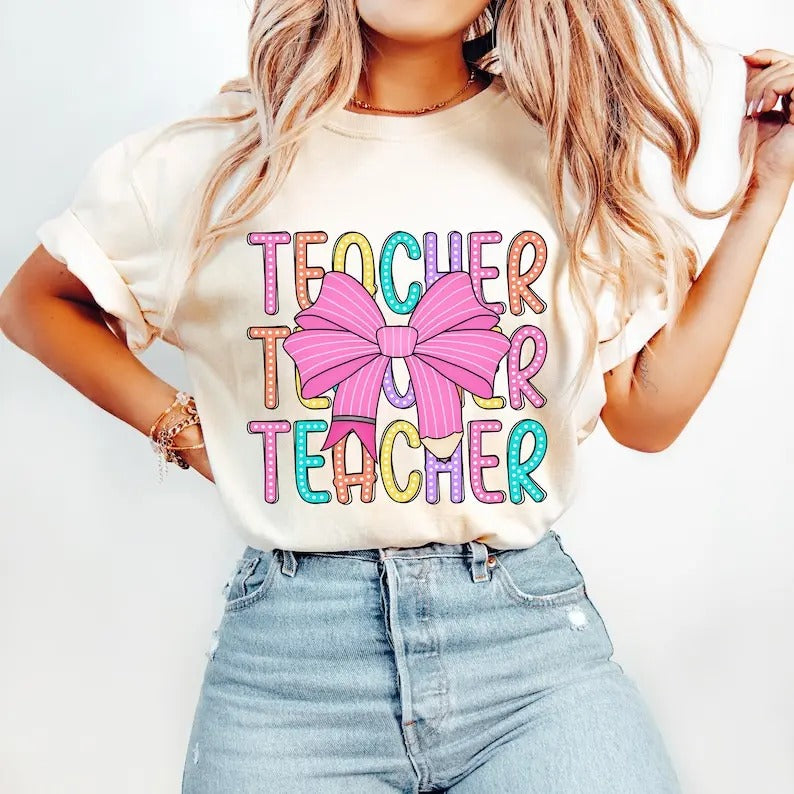 Coquette Teacher t-shirt, Back to School shirt,Teacher Appreciation Gift, Bright Doodle Dots, First Day of School tee ,...