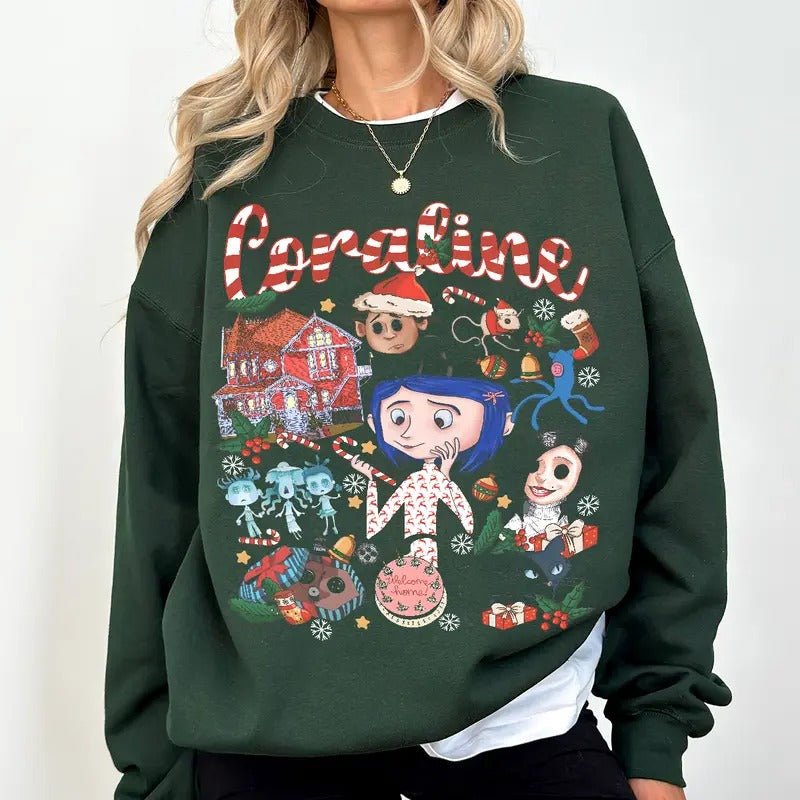 Coraline Christmas vibe T-shirt, famous horror movies tshirt, Horror Character Shirt, Halloween Crewneck Sweatshirt...