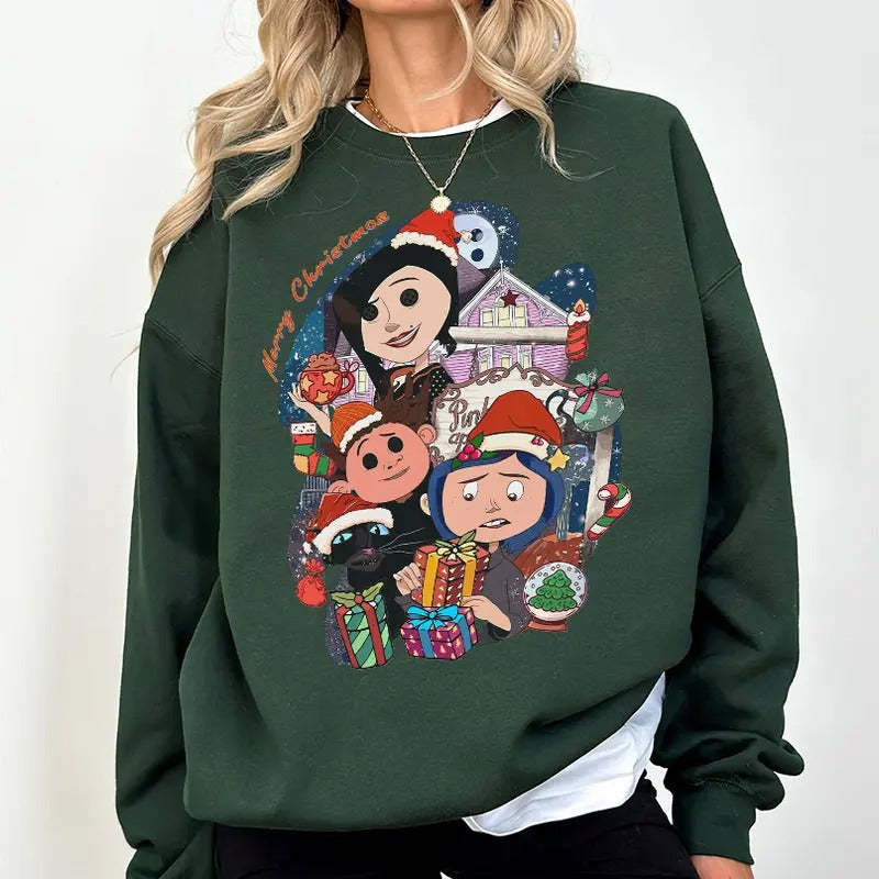 Coraline Chritsmas Movie Sweatshirt, Christmas Hoodie, Coraline Doll Holiday T-Shirts | RetroVerseTees.com