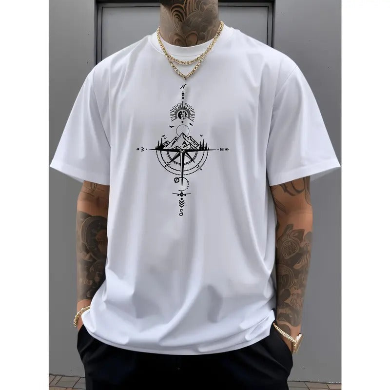Cotton Men's Vintage Compass Print Short Sleeve Crew Neck Casual Sports Thin T-shirt for Summer and Spring Made in USA...