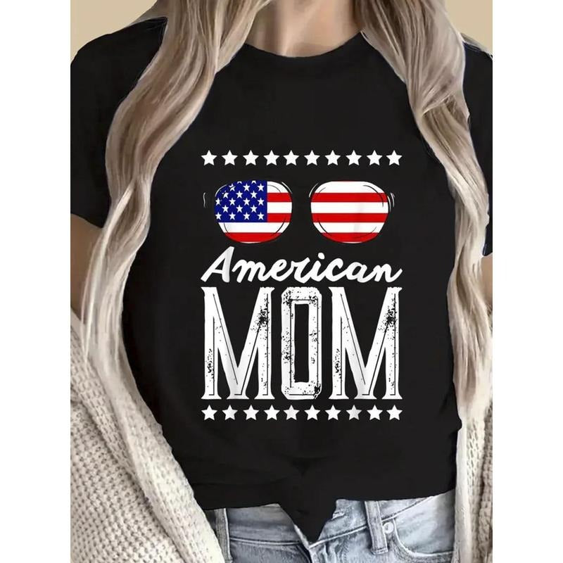 Cotton Patriotic American Flag Mom Graphic T-Shirt