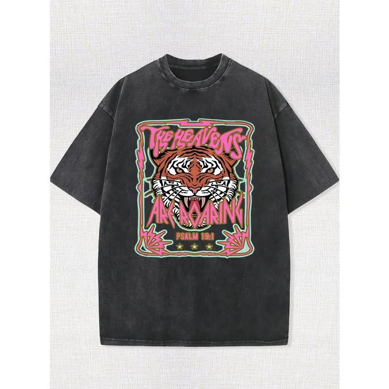 Cotton Trend Printing T-Shirt with Round Neck Gunpla brand Short Sleeves High-Quality Batik Tiger Head Washed for Old...