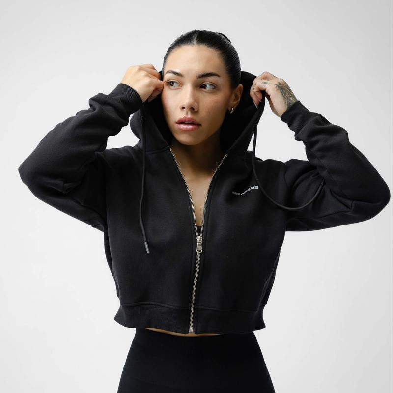 Women's Cropped Skull Zip-up Hoodie - Black Polyester/Cotton T-Shirts, Sweatshirt | RetroVerseTees.com