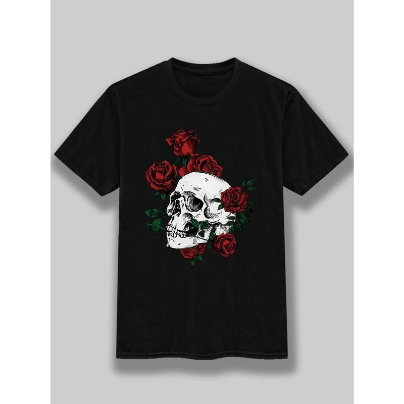 Cotton, Men's Creative Top, Casual Short Sleeve Crew Neck T-shirt, Men's Clothing For Summer Outdoor, funny, skull, rose...