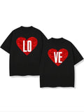 Couple'WB shield Heart & Letter Print Short Sleeve Round Neck Tee, Couple Outfits, Casual Summer Crewneck T-shirt For...