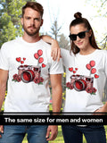 Couple'WB shield Heart Spiky hair fighters & Camera Print Tee, Casual Short Sleeve T-shirt for Daily Wear, Valentine'WB...