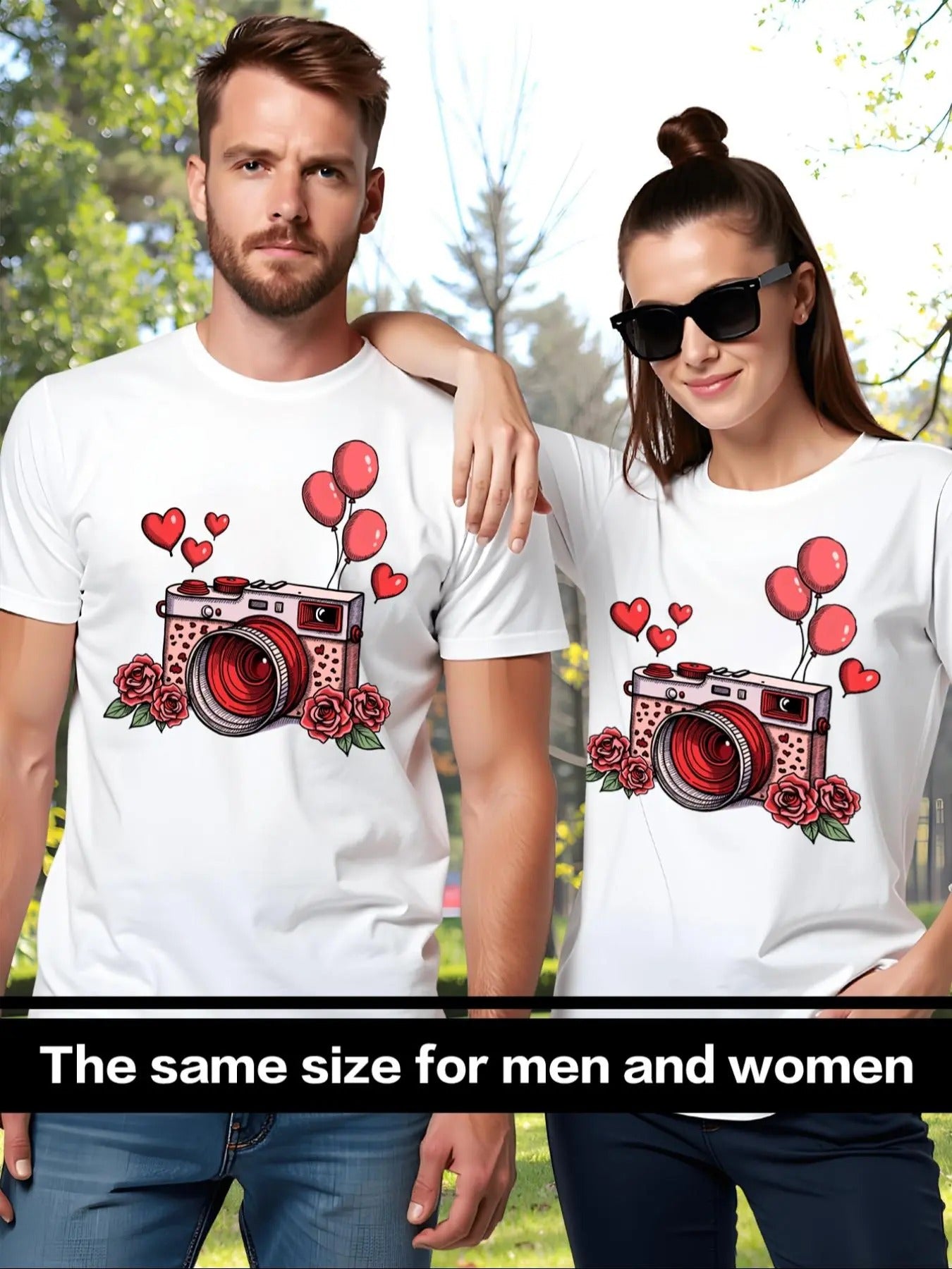 Couple'WB shield Heart Spiky hair fighters & Camera Print Tee, Casual Short Sleeve T-shirt for Daily Wear, Valentine'WB...